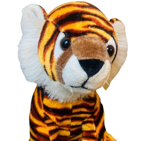 Vintage FUKEI Plush Orange Stripes Tiger lion Stuffed Sitting Animal Toy 9” - Picture 1 of 6
